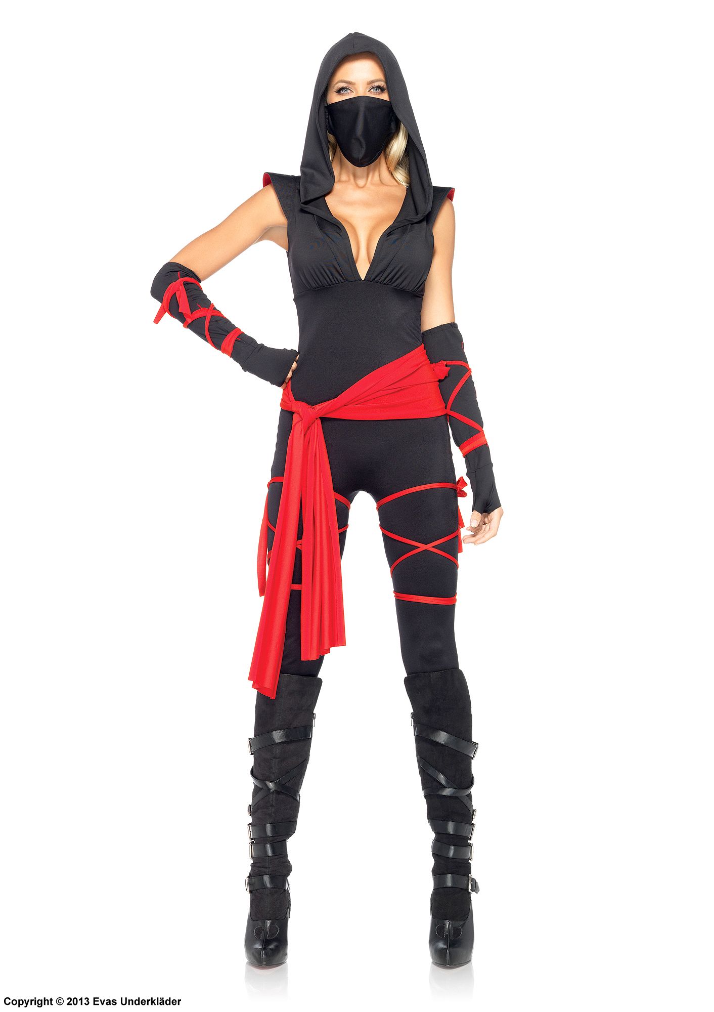 Kvinnlig ninja (aka kunoichi), maskerad-body med midjeband och huva